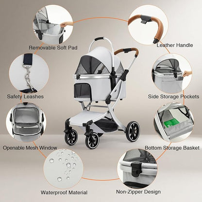 3 in 1 Pet Stroller for Small/Medium Dogs & Cats with Detachable Carrier, Storage Basket and Pet Pad, 4 Wheels Foldable Pet Travel Carrier for Car Seat & Hand Carry, Safe Outings (Grey)