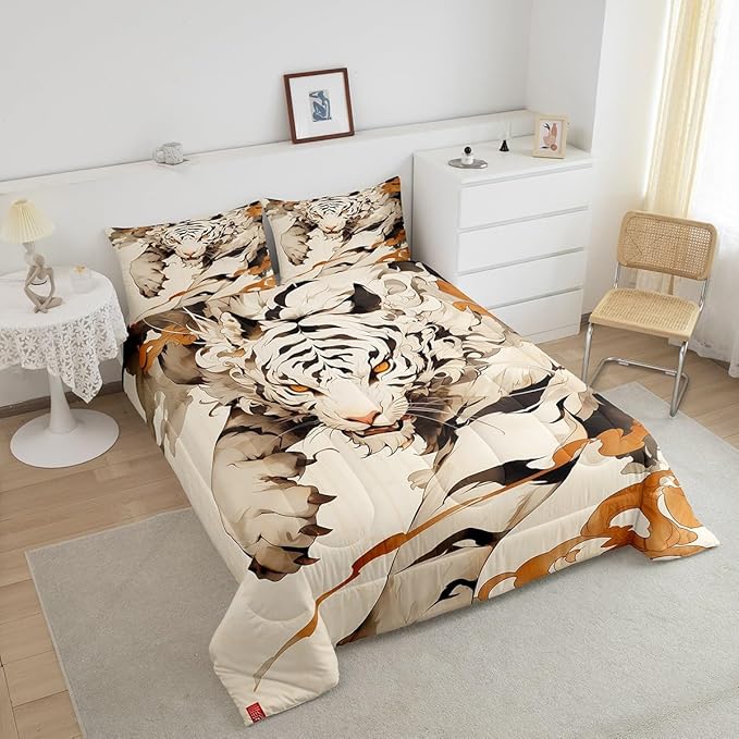 Erosebridal Tiger Comforter Set King Woodland Wild Animal Bedding Set Oriental Japanese Style Down Comforter 3D Cartoon Quilted Comforter Youth Teenage Beige Room Decoration Microfiber 3pcs