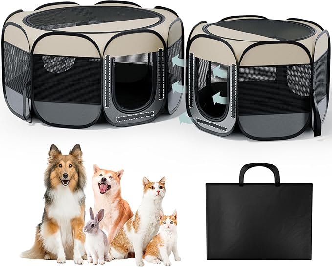 Cat Playpen, 70"x 24" Large Portable Puppy Playpen, 2-Room Foldable Dog Playpen for Indoor Outdoor Dogs, Cats, Small Animals with Carrying Case