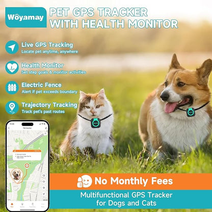 GPS Tracker for Dogs and Cats, Mini Cat & Dog GPS Tracker with Health Monitor and GPS Dog Fence, Waterproof GPS Pet Tracker, Works with Any Collar (Android and iOS Universal)