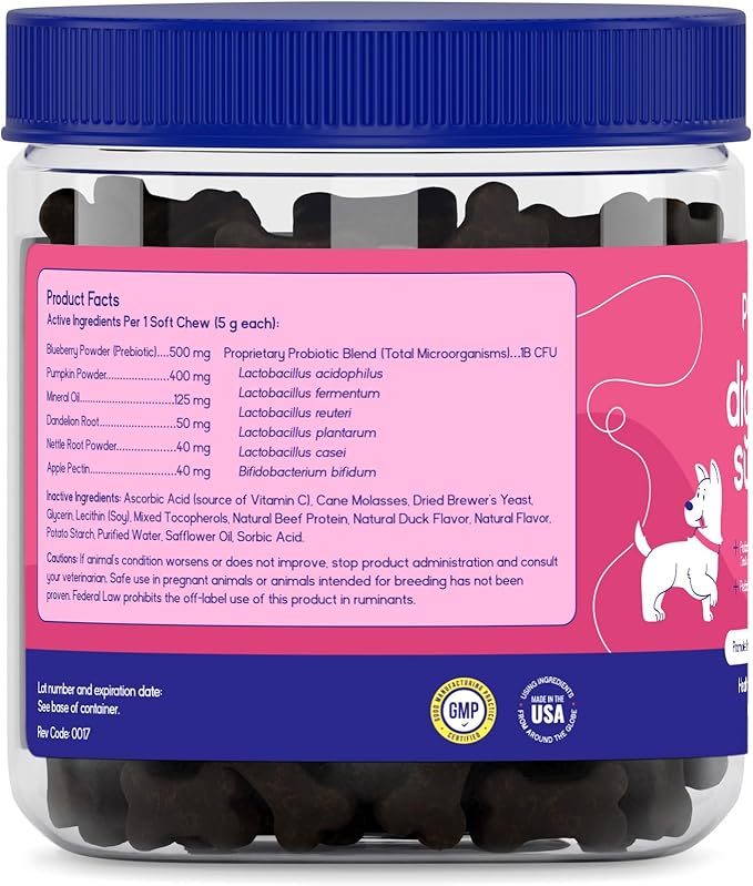 PupGrade Digestive Support for Dogs - Prebiotic + Probiotic Supplement with Enzyme Blend - Gut and Immune Support - Pumpkin, Blueberry, Mineral Oil, Duck Flavor - 60 Soft Chews