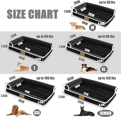 Patas Lague Orthopedic XL Dog Bed Large Sized Dog 48''X30'', Waterproof Comfortable L Bolster Big Extra Large Non-Slip Soft Warm Pet Crate Bed Sleep Sofa mat with Removable Washable Cover, Black