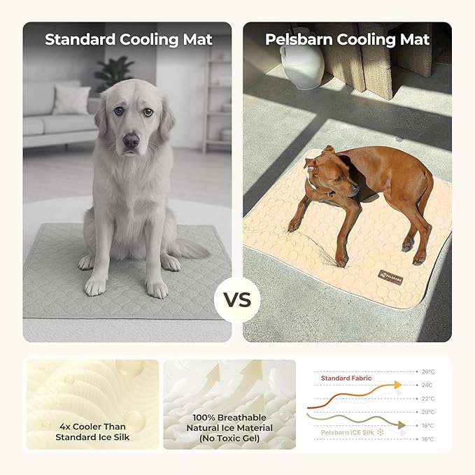 Pelsbarn Dog Cooling Mat- Ice Silk Summer Comfort, Self Cooling, Non-Slip Dog Pad, Durable & Washable, Mat for Extra Large Dogs 33"" x 45"", Support Shelter Dogs with Every Purchase (Beige)