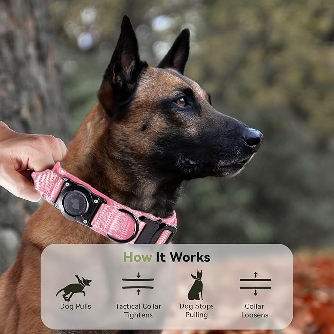 2026 Upgrade Waterproof AirTag Dog Collar, Military Tactical Dog Collar with AirTag Holder, Comfortable Control Handle and Metal Buckle, GPS Dog Collar Holder for Medium to Large Dogs (Pink, XL)