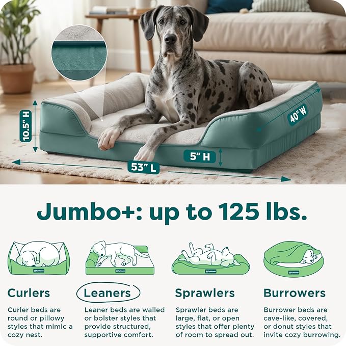 FurHaven Cooling Gel Dog Bed for Large Dogs, Perfect Comfort Sofa Bed, Cool Gel-Top & Orthopedic Foam Base for Joint Support, Removable Washable Cover, Jumbo Plus XXL, Plush & Velvet, Celadon Green