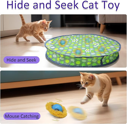 Giociv Interactive Cat Toys Ball Fast Rolling in Pouch, Motion Activate Chirping Cat Toy Hide and Seek Mouse Catching Game (Green Polka dot)