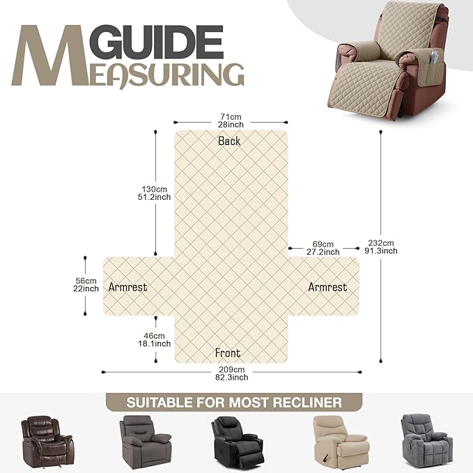 KinCam 100% Waterproof Recliner Chair Cover, Reclining Couch Covers for Pets, Dogs, Recliner Couch Slipcover Furniture Protector with Elastic Straps for Kids(28", Khaki)