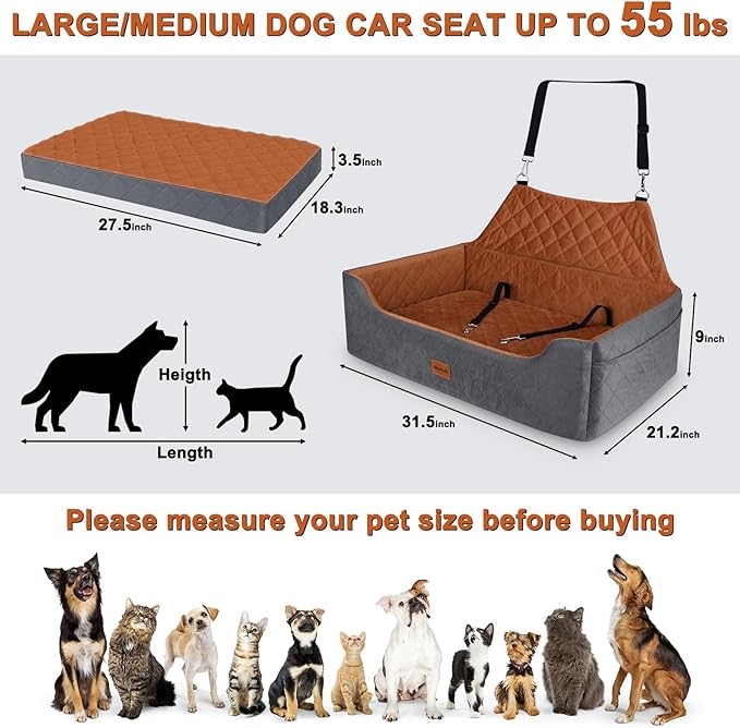 Large Dog Car Seat for Medium/Large Dog Under 55 lbs - Elevated Booster Car Seat for 2 Small Dogs,Removable and Washable,Filling Memory Foam with Safety Leashs and 2 Pockets