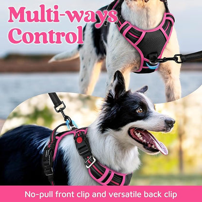 rabbitgoo Dog Harness for Large Dogs, No Pull Pet Vest with 3 Buckles, Adjustable Soft Padded Pet Harness with Easy Control Handle and Reflective Strips, Black & Rose Pink, L