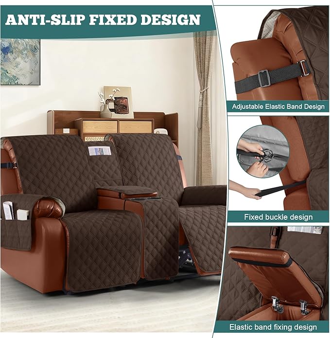 Ruaozz Waterproof Loveseat Recliner Cover with Console Non-Slip Reclining Couch Covers Split Sofa Slipcovers with Elastic Straps Furniture Protector for Kids, Dogs, Pets (Dark Brown, 2 Seater)