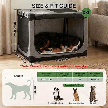 Veraste 42" L x 31" W x 31" H Collapsible Travel Dog Crate, Quick-Setup Portable Soft Dog Kennel for Large Dogs up to 90 lbs, 4-Door Foldable Travel Crate with Storage Bag, Grey