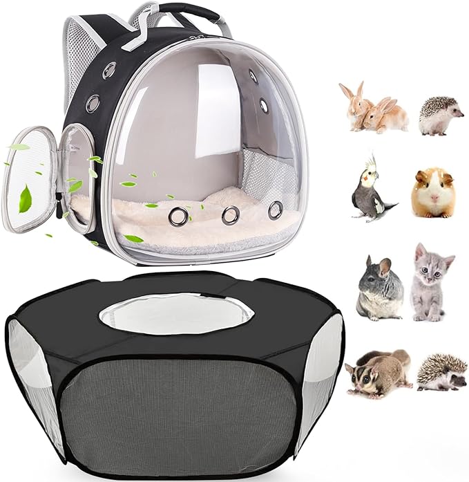 2-Pack Guinea Pig Carrier Backpack and Playpen with Lid, Breathable Pet Playpen Pop Open Exercise Fence, Portable Small Animal Cage for Rabbits, Chinchillas, Squirrel, Lizard, Sugar Glider