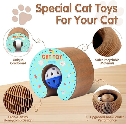 Extensible Cat Scratcher Cardboard Toy | Magic Accordion Scratching Pad with Bell Ball - Foldable & Reversible Interactive Kitty Play for Indoor Cats (2 Pack)