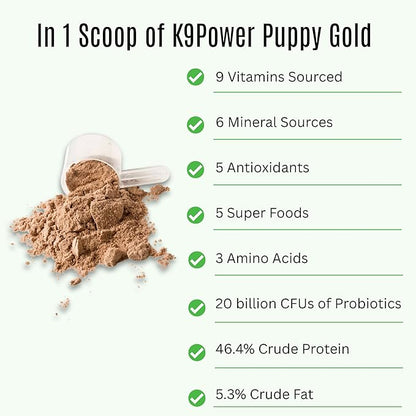 K9 Power Puppy Gold – Puppy Supplement for Growth & Development – Also Supports Pregnant & Nursing Mothers – Colostrum, DHA, Glucosamine, Collagen, Probiotics, Creatine, Milk Protein, Salmon Oil