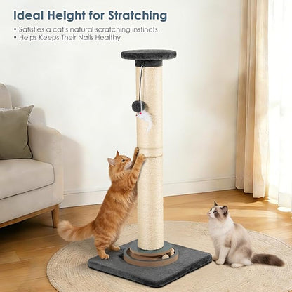 Tall Cat Scratching Post, Thick Sisal Scratcher with Heavy Sturdy Base & Interactive Toys for Indoor Cats