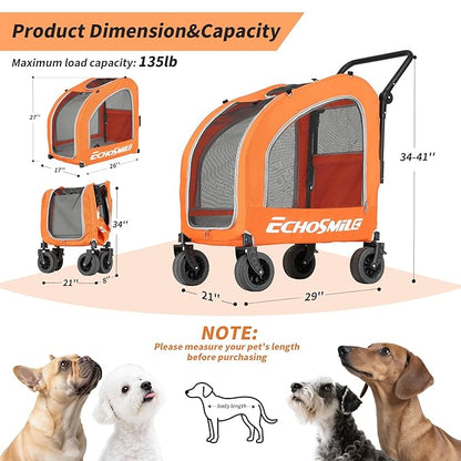 EchoSmile 4 Wheels Pet Stroller, Dog & Cat Stroller for All-Season, Lightweight Carrier with Storage Basket, Adjustable Handle, Removable Pad, Breathable Mesh, Up to 135 lbs, Orange (Orange)