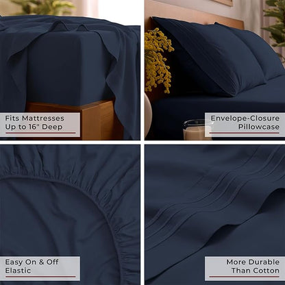 Mellanni King Sheet Set - 6-Piece Iconic Collection Bedding, (Including 4 Pillowcases), 16-Inch Deep Pocket, Easy Care, Extra Soft, Cooling Sheets, Brushed Microfiber - Navy Blue