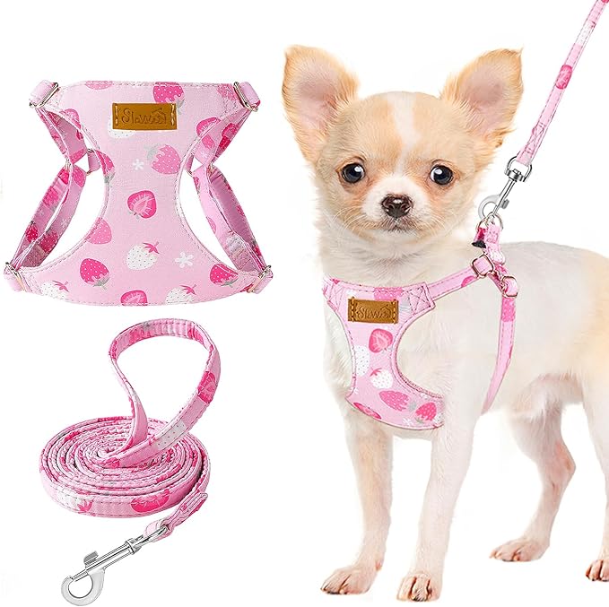 Lukovee Puppy Harness and Leash Set, No Pull Lightweight Soft Suede Adjustable Pet Harness Vest with Snap Buckle for Puppy Small and Medium Size Dog (Pink Strawberry, XS)
