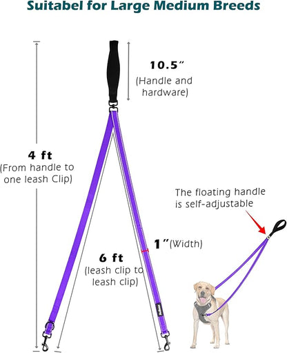 PetBonus Two Point Control Dog Leash, Works with No Pull Harnesses, No Tangle Training Leashes, Soft Padded and Reflective Walking Lead, Converts to Single Lead for Medium Large Dogs (Purple)