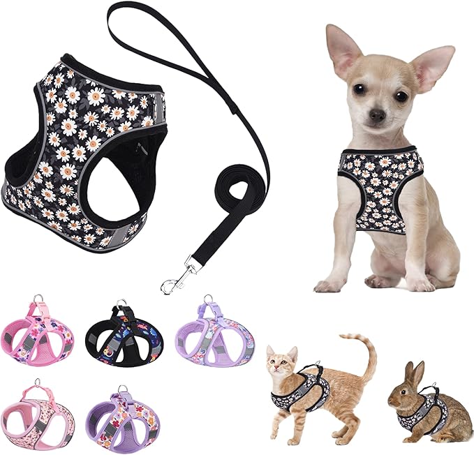 Small Dog Harness Black Daisy Flowers No Pull Reflective Step in Vest Harness Mesh Padded Soft Harness for Small Medium Dogs Cats