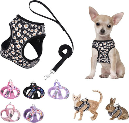 Small Dog Harness Black Daisy Flowers No Pull Reflective Step in Vest Harness Mesh Padded Soft Harness for Small Medium Dogs Cats