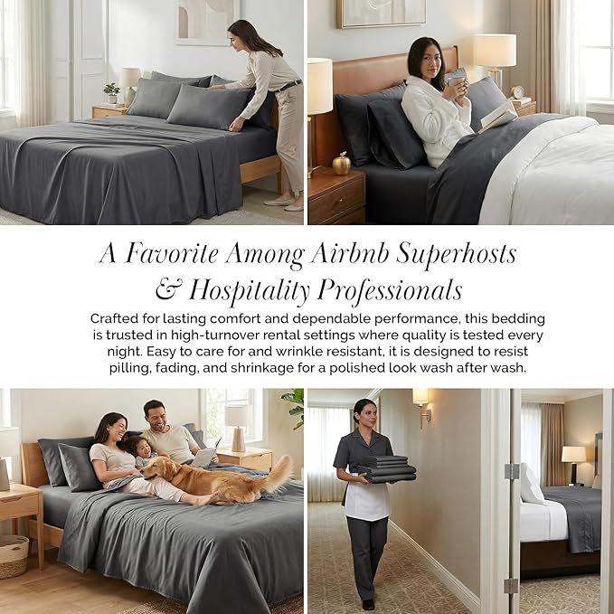 Southshore Fine Living, Inc. 6-Piece, 21-Inch Queen Deep Pocket Sheet Set, Wrinkle Free Sheets, Grey Queen Sheets Deep Pocket, Full Elastic Fitted Sheet, Oversized Flat, 4 Pillow Cases, Slate