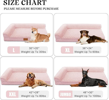 Orthopedic XL Dog Bed Large Sized Dog 48''X30'', Waterproof L Bolster Extra Large Egg Crate Foam Pet Crate Beds with Washable Removable Cover, Non-Slip Soft Pet Couch Mat, Pink