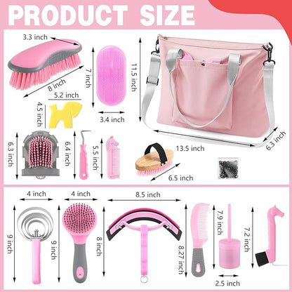 Abbylike 15 Pieces Horse Grooming Kit with Organizer Tote Bag Tack Room Supplies Horse Brush Sets Care Equine Cleaning Kit Shedding Grooming Massaging Tools(Pink and Grey)