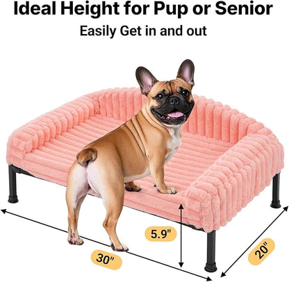 Veehoo Elevated Dog Bed with Bolster Cushion, Fluffy Plush Dog Couch Beds for Small Dogs, Cats, Washable Raised Pet Cot with Non-Slip Feet for Indoor or Patios Use, 30 x 20 Inches, Pink