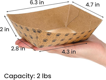 SOUJOY 100 Pack Disposable Pets Feeding Bowls, 2 lb Paper Travel Cat Food Bowl, Boat Foot Print Design Food Serving Trays for Wet and Dry Food, Small Dog Puppy, Cat