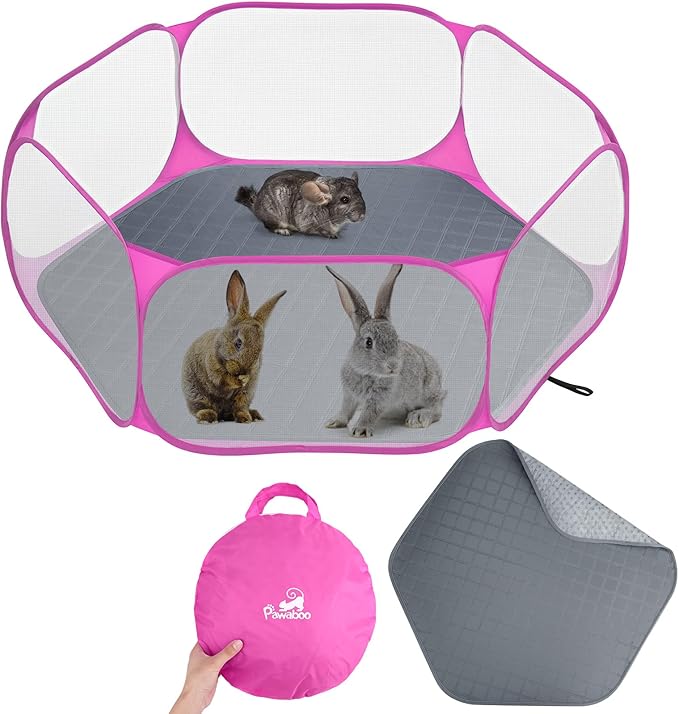 Pawaboo Small Animals Playpen with Pad, Waterproof Small Pet Cage Tent with Reusable Pad, Portable Outdoor Yard Fence for Chick/Kitten/Puppy/Guinea Pig/Rabbits/Chinchillas, Pink + Gray