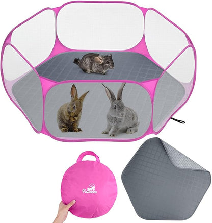 Pawaboo Small Animals Playpen with Pad, Waterproof Small Pet Cage Tent with Reusable Pad, Portable Outdoor Yard Fence for Chick/Kitten/Puppy/Guinea Pig/Rabbits/Chinchillas, Pink + Gray