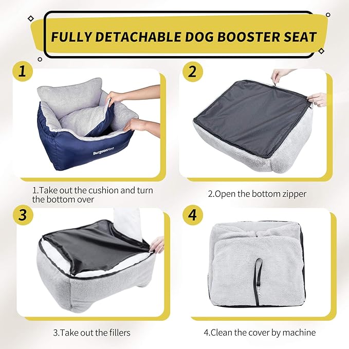 BurgeonNest Dog Car Seat for Small Dogs, Fully Detachable and Washable Cat Carseats Under 25 lbs, Soft Pet Booster Seats with Storage Pockets and Clip-On Leash Portable Car Travel Carrier Bed, Blue
