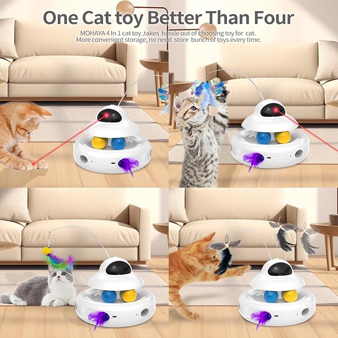 MOHAYA Interactive Cat Toys for Indoor Cats,4-in-1 Automatic Kitten Toy with Laser, Fluttering Butterfly, Moving Feather & Track Balls, USB Rechargeable Self-Play Electronic Toy for Kittens & Adults