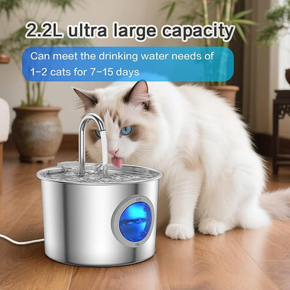 Cat Water Fountain Advanced 304 Stainless Steel 2.2L/74oz with Detachable Tank, Easy to Clean, Automatic Pet Fountain Quiet Cats Water Dispenser, Perfect for Indoor Cats Dogs