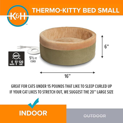 K&H Pet Products Heated Cat Bed for Indoor Cats, Dogs, and Pets - Round Walled Thermo-Kitty Bed with Removable Waterproof Cat Heating Pad, Machine Washable, MET Safety Listed - Small 16" Sage