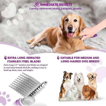 GENPEPADO Dematting Undercoat Rake Comb for Dogs & Cats with Long 2.5-In Stainless Steel Safety Blades for Removing Knots, Mats & Tangles - Pet Grooming Deshedding Brush Tool with Anti-Slip Grip