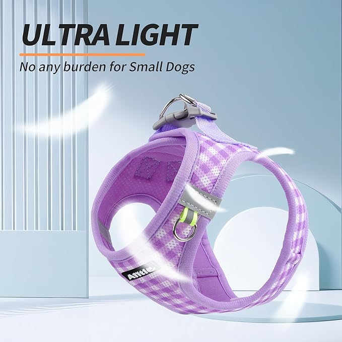 AIITLE Plaid Print Dog Harness Set – Lightweight, Reflective & Adjustable Vest Harness for Puppies – Perfect for Boston Terriers, Maltese & Indoor/Outdoor Use (XS, Purple)