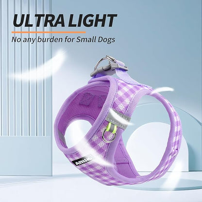 AIITLE Plaid Print Dog Harness Set – Lightweight, Reflective & Adjustable Vest Harness for Puppies – Perfect for Boston Terriers, Maltese & Indoor/Outdoor Use (XS, Purple)