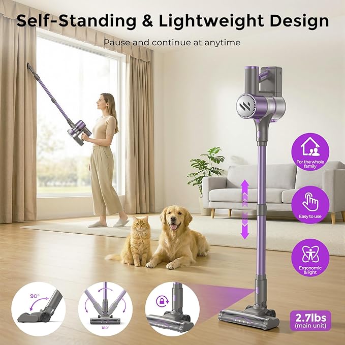 WLOTPO Vacuum Cleaners for Home,Cordless Vacuum Cleaner,Lightweight Stick Vacuum Cordless Rechargeable,Self-Standing Design,LED Touch Screen,Vacuum for Hardwood Floors,Carpet,Pet Hair(Deep Purple)