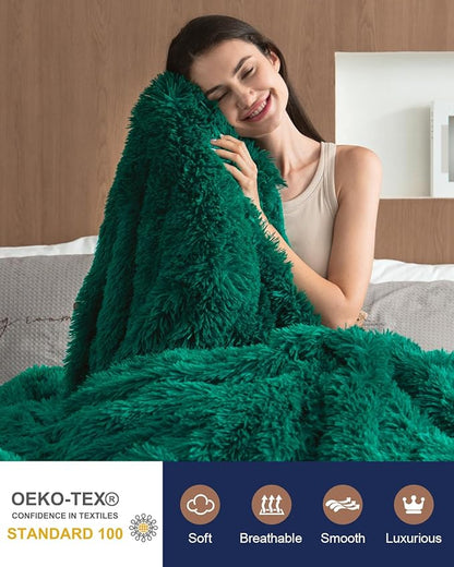 Pawque Faux Fur Blankets Queen Size 90x90 Inches, Soft Fuzzy Fluffy Blanket, Warm Thick Sherpa Long Hair Shag Reversible Lightweight Cozy Throw for Bedroom Sofa Couch, Green