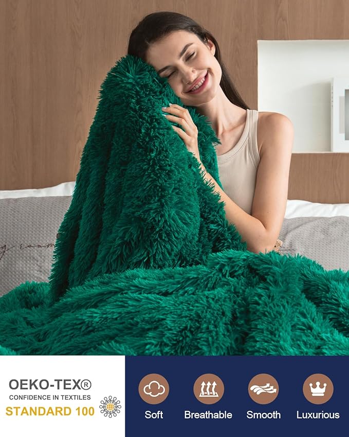 Pawque Faux Fur Blankets Twin Size 60x80 Inches, Soft Fuzzy Fluffy Blanket, Warm Thick Sherpa Long Hair Shag Reversible Lightweight Cozy Throw for Bedroom Sofa Couch, Green