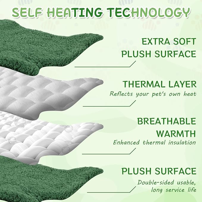 3 Pack Self Warming Pet Bed Leaf Shape Self Heating Cat Dog Mat Washable Thermal Sleeping Pad for Indoor Outdoor Hedgehog, Bunny, Sugar Glider, Rat, Chinchilla(Dark Green,Medium-18 x24)