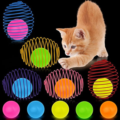 Jecery 5 Pcs Cat Spring Balls Toys Stretchable Rolling Balls Colorful Playful Coils Interactive Action Toy Caged Rats for Kitten Pet Supplies (Glow Ball,Multicolor)