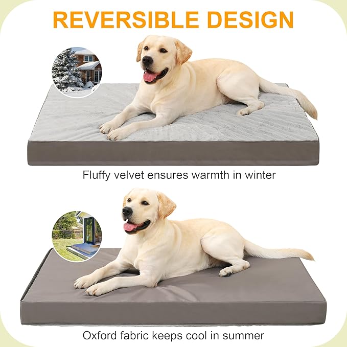 KSIIA Orthopedic Dog Bed Dog Crate Bed Waterproof for Large Dogs Deluxe Plush Washable Pet Mat with Egg Crate Foam & Removable Cover, 35 x 22 Inch, Gray