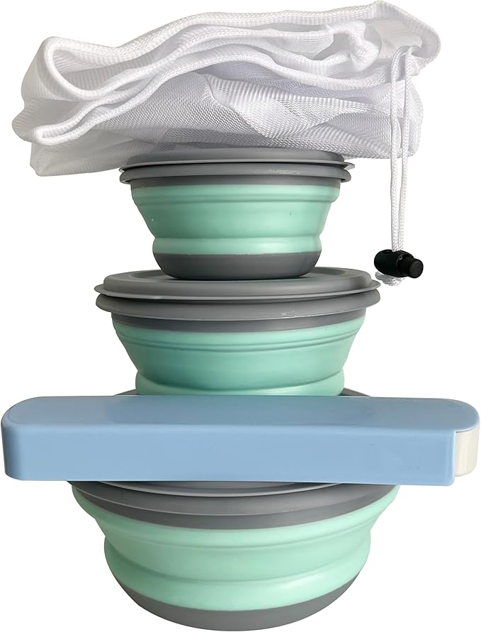 Camping Bowls, 3PCS Collapsible Bowls with Cutlery and Reusable Storage Bag, Food-Grade Silicone Lunch Box with Lids for Camping Picnic Travel (Blue)