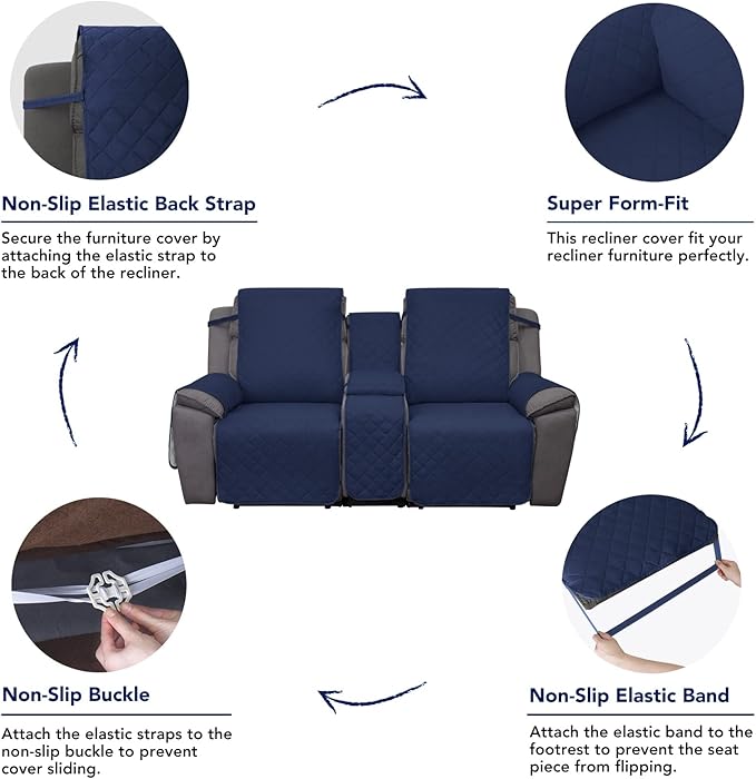 PureFit Water Resistant Reversible Loveseat Recliner Cover - Non Slip Furniture Protector for 2 Seat Recliner, Navy/Ivory