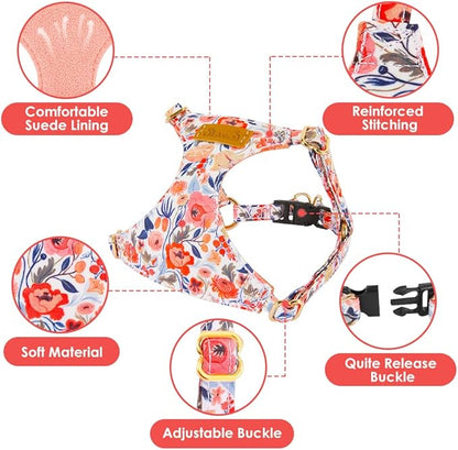 Lukovee Puppy Harness and Leash Set, No Pull Lightweight Soft Suede Adjustable Pet Harness Vest with Snap Buckle for Puppy Small and Medium Size Dog (Flower-XXS)