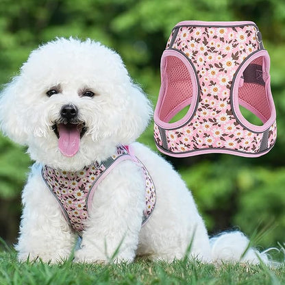 Small Dog Harness Pink Daisy Flowers No Pull Reflective Step in Vest Harness Mesh Padded Soft Harness for Small Medium Dogs Cats