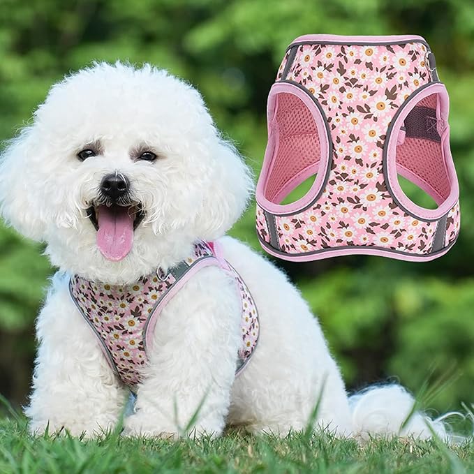 Small Dog Harness Pink Daisy Flowers No Pull Reflective Step in Vest Harness Mesh Padded Soft Harness for Small Medium Dogs Cats